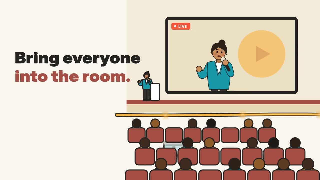 An illustration of a live presentation connecting an audience in the room with online viewers